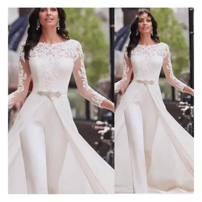 (white, L) Women Elegant Long Sleeves Lace Patchwork O Neck Bride Bridesmaids Wedding Long Jumps