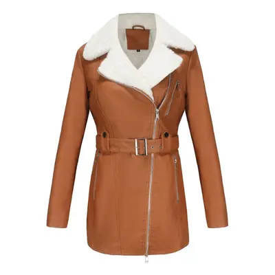 (camel, L) Women's Plush Jackets Faux Leather Pu Lapel Zipper Mid Length Warm Coat With Belt Lon