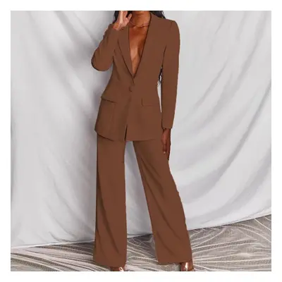 (coffee, XXL) Autumn Solid Color Women&apos;s Fashion Temperament Long-sleeved Suit Straight Tro