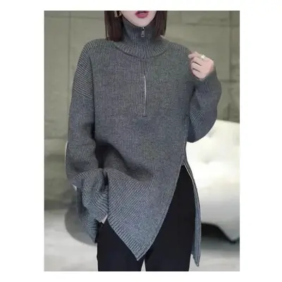 (One Size, gray) Dimanaf Autumn Women Sweaters Zipper Pullover Tops Female Turtleneck Knitted Ba