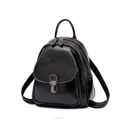 (black) Johnature Fashion Cow Leather Backpack Retro Cowhide Women Bag Leisure Solid Color Large