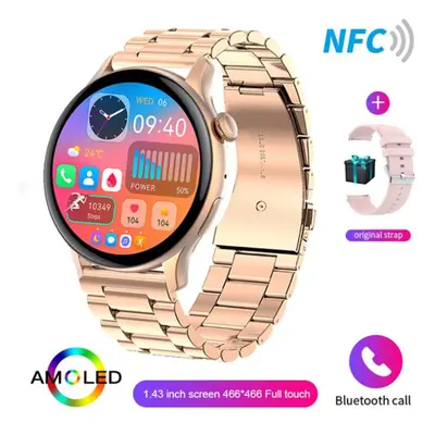 (gold, Silicone belt + steel) New Women 466*466 Amoled 1.43" Screen Nfc Heart Rate Blood Oxygen 