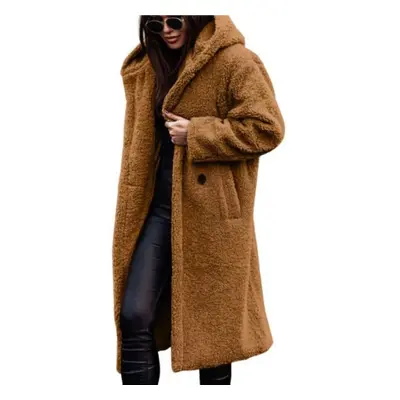 (golden, XL) Women Winter Coat Thick Solid Color Hooded Hat Long Sleeve Keep Warm Woolen Mid-cal