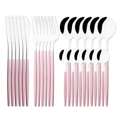 (pink,silver, 24PCS) Luxury 24pcs Rose Gold Dinnerware Set Knife Fork Spoon Cutlery Set With Gif