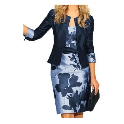 (blue, XL) Plus Size Autumn Fashion Print Two Piece Set Women Long Sleeve Suit Coat Wrapped Hip 