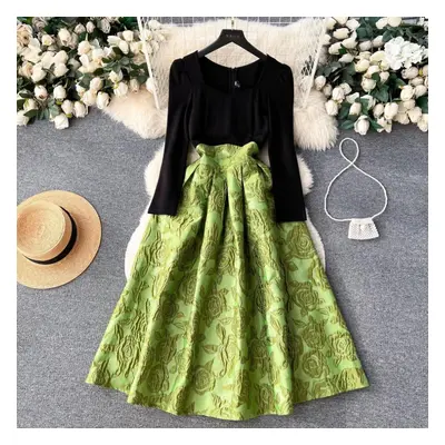 (green, XXL) Designer Runway Autumn Winter Ball Gown Midi Dress Vintage Women&apos;s Square Coll