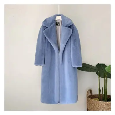 (blue, L) Elegant Long Winter Faux Fur Coat Women Plush Fur Coats Loose Thick Warm Fur Overcoat