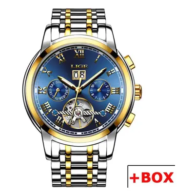 (Gold Blue) LIGE New Mechanical Men Watches Top Brand Luxury Business Watch Tourbillon Automatic