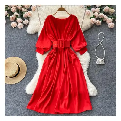 (red, L) Luxury New Women Spring Summer O Neck Batwing Sleeve Belt Fashion Elegant Casual High W