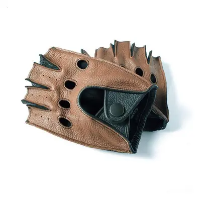 (as the picture, brown and black) Gours Real Leather Gloves Men 100% Genuine Deerskin Fingerless