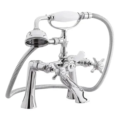 Traditional Deck Mounted 1/2 Inch Bath Shower Mixer Tap with Shower Kit - Chrome/White