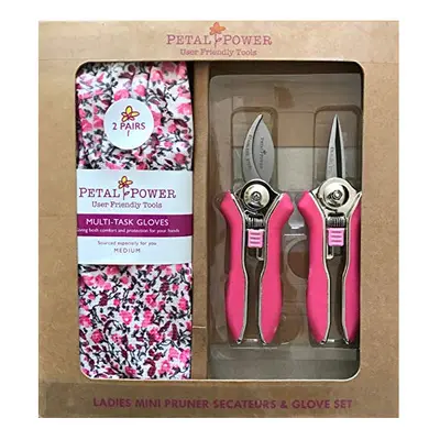 Ladies Mini Pruner Garden Secateurs & Ladies Gardening Gloves (2 Pairs) Set - Bypass & Snipper P