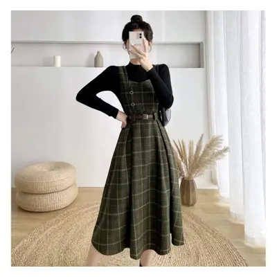 (green, M) Autumn And Winter Foreign Fashion Age Reduction Dress Retro Style Woollen Vest + Knit