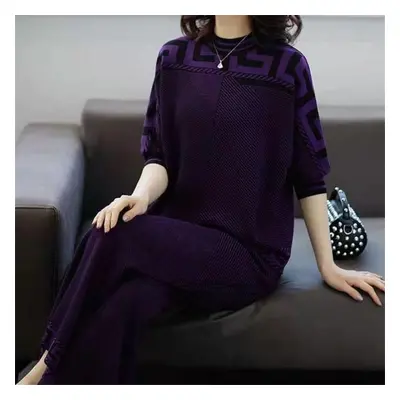 (purple, L) Spring And Autumn Women&apos;s Two-piece Knitwear Clothing Set Loose Top And Wide Le