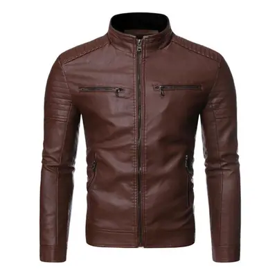 (coffee, L) Men&apos;s Washed Pu Leather Jacket Men&apos;s Stand Collar Men&apos;s Motorcycle Le