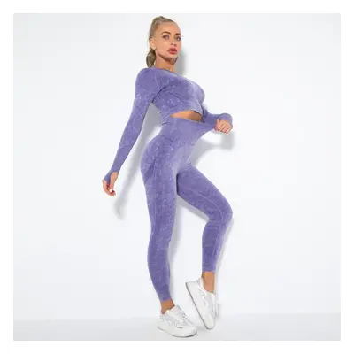 (purple, S) Women Seamless Washed Peach Hip Lifting Sports Running Fitness O Neck Long Sleeve Pa