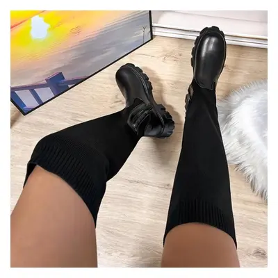 (black, 43) Women Boots New Knitted Women Shoes Ladies Warm Sexy Zipper Long Sleeve Over Knee So