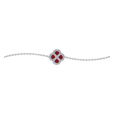 Jewelco London Sterling Silver CZ Red Agate Clover Kiss Lucky Charm Bracelet 6-7.5" - 8-29-2702