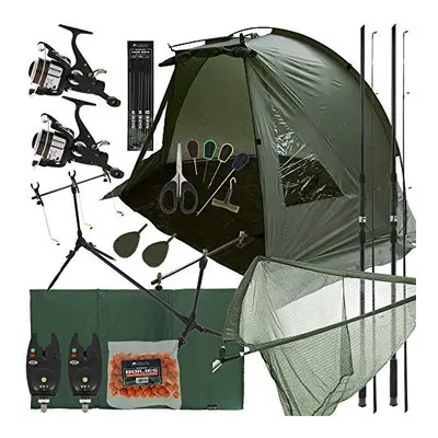 Deluxe Complete Carp Coarse Fishing 2x 3pc 12ft Rods and 2x 2BB Reel Combo Set Up Including Pod,