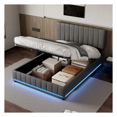 (Grey with Hydraulic Storag) 4ft6 Double Ottoman Bed Frame with LED Lighting