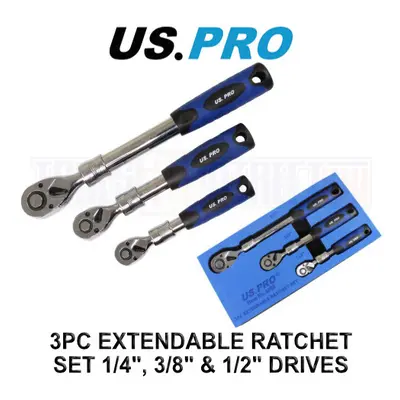 US PRO Tools 3pc Extendable Ratchet Set 1/4" 3/8" 1/2" Drives In Foam Tray