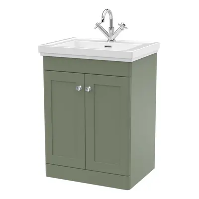 Traditional Floor Standing Door Vanity Unit with Tap Hole Fireclay Basin, 600mm - Satin Green