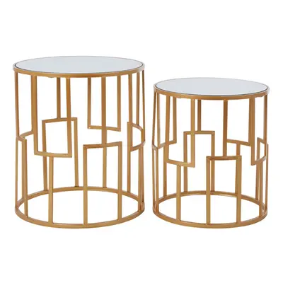 Premier Housewares Set Of Round Bedside Table For Lamp Mirror Tops With Gold Finish Tables For L