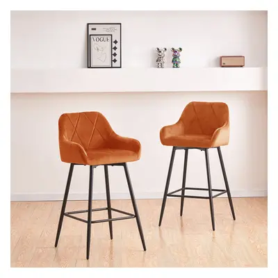 (ORANGE) Set of Bar Stools Velvet Upholstered Kitchen Pub