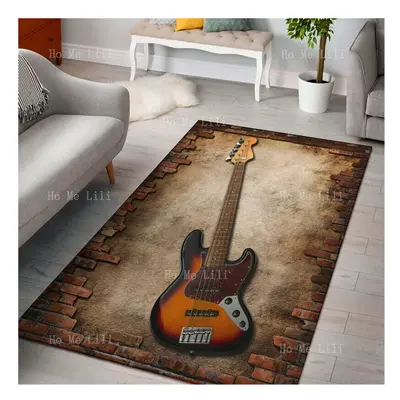 3D Guitar And Brick Wall Vintage Rectangle Flannel Floor Rugs Gift For Guitarist Music Lover Ant