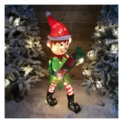 107cm Warm White LED Lit Elf Character with Present Christmas Decoration in Green and Red