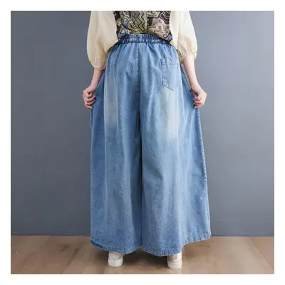 (blue, XXL) Dimanaf Summer Jeans Long Pants Plus Size Women Elastic Waist Pants Wide Leg Pants L