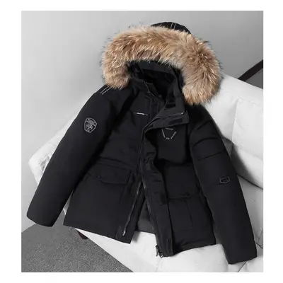 (black, S) Winter Jacket Men Parkas Thicken Warm Coat Mens Fur Hooded Jacket Solid Color Parka C