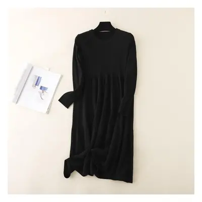 (black, OneSize) Women Autumn Winter O Neck Long Sleeve Solid Color Loose Knit Sweater Dress