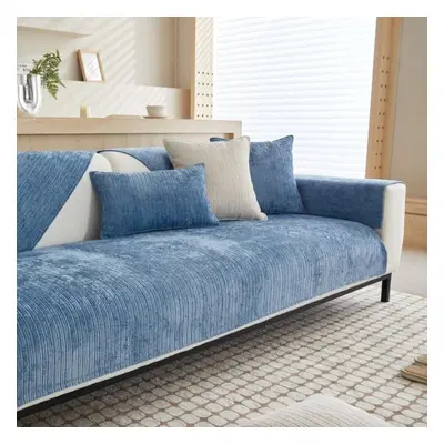 (blue, 110x240cm 1pc) Solid Color Chenille Sofa Towel Thick Universal Sectional Sofa Cover Moder