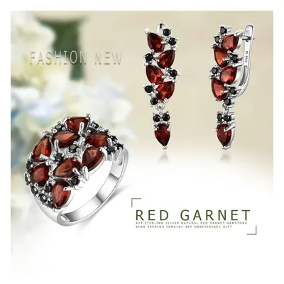 (red, us ring size 9#) 100% Natural Mozambique Garnet Rings Earring Sterling Silver Fine Jewelry