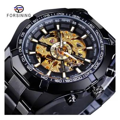 (black,gold) Forsining Stainless Steel Waterproof Mens Skeleton Watches Top Brand Luxury Transpa