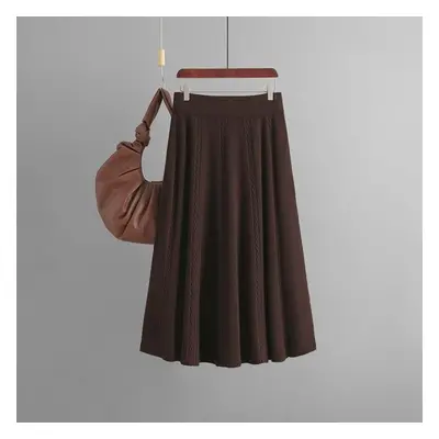 (coffee, One Size) Women Autumn Winter Thick Knitted Mid Length Skirt High Waist Twist A-line St