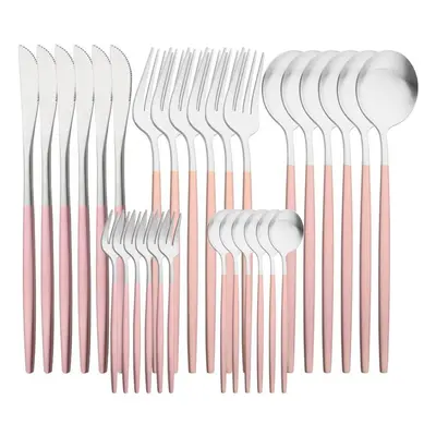 (pink,silver) 30pcs White Gold Cutlery Set Matte Dinnerware Knife Fork Spoons Stainless Steel Si