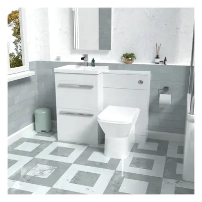 Nes Home White Basin Vanity Cabinet, WC Unit & Rimless Back To Wall Toilet