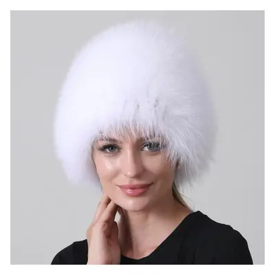 (white) Natural Winter Fox Fur Hats Women Real Silver Fox Knit Beanie Hat Balaclava Lady Winter 