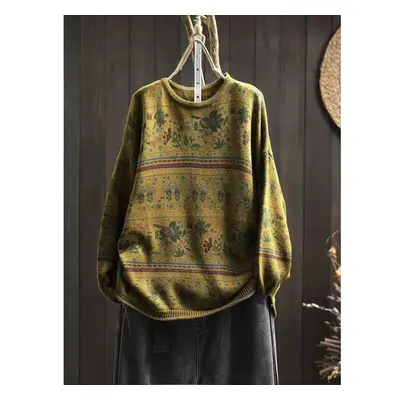 (One Size, tan) Johnature Woman Autumn Niche Vintage O-neck Casual Loose Retro Sweater Chinese S