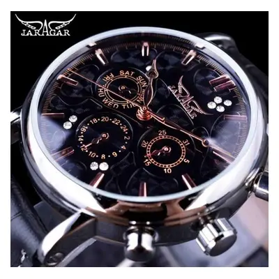 (black,gold) Jaragar Brand Men Automatic Self Wind Mechanical Watch White Dials Calendar Blue Ha