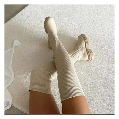 (white, 42) Women Boots New Knitted Women Shoes Ladies Warm Sexy Zipper Long Sleeve Over Knee So