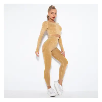 (yellow, L) Women Seamless Washed Peach Hip Lifting Sports Running Fitness O Neck Long Sleeve Pa