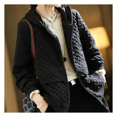 (black, XXXL) Women Cotton Jacket Spring Autumn With Hood Loose Casual Sports Sweater Thin Warm 