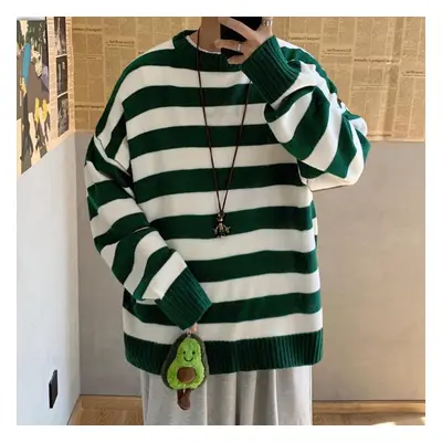 (green,white, XL) New Autumn Winter Casual Loose Sweater Pullovers Striped Jumper Warm Sweaters