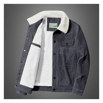 (grey, M) Men Loosejacket Fleece Thick Jackets Male Casual Overcoat Multi-pocket Solid Color War