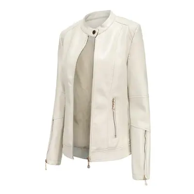 (beige, L) Women Spring Autumn Stand Collar Long Sleeve Zipper Thin Leather Pu Jacket S-4xl