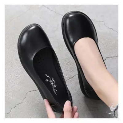 (black, 40) White Genuine Leather Ladies Breathable Summer Shoes Women Flats Slip-on Loafers Rou