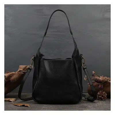 (black) Johnature Genuine Leather Retro Women Bag Versatile Leisure Large Capacity Handbag Natur